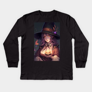 Anime Girl Witch Wizard with fire spell Kids Long Sleeve T-Shirt